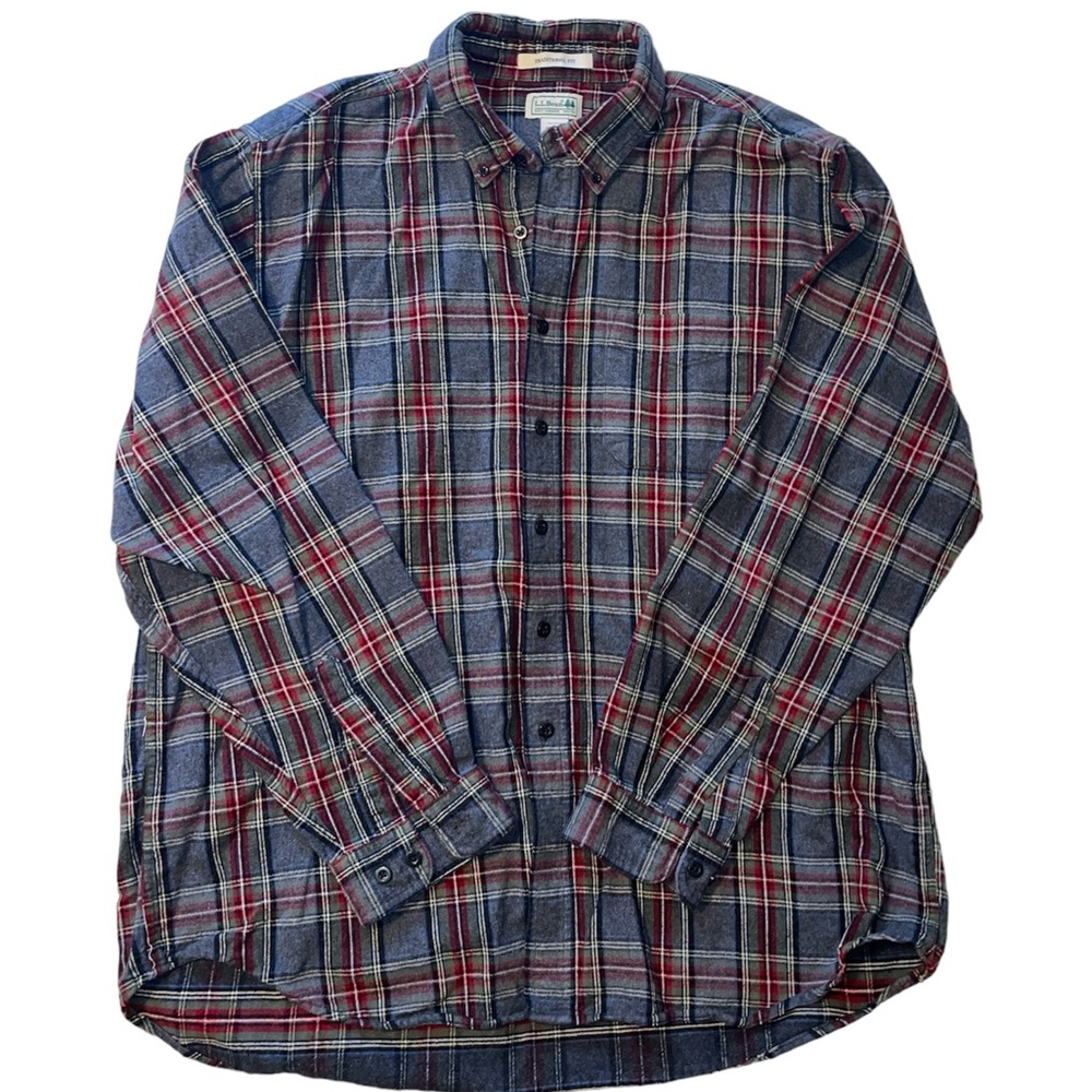 L.L.Bean Scotch Plaid Flannel Button Down Red Grey Flannel Shirt Size XL